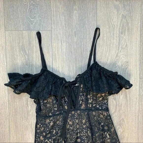 Free People For Love & Lemons Rosemary Mini Dress Lace Halter Off Shoulder Black - Picture 7 of 14